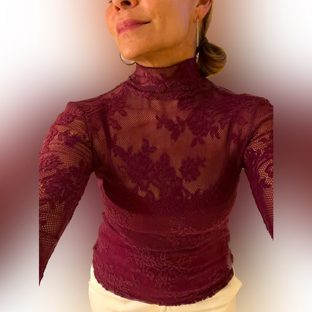 Express burgundy Shear lace turtle neck long sleeve top size S NWT